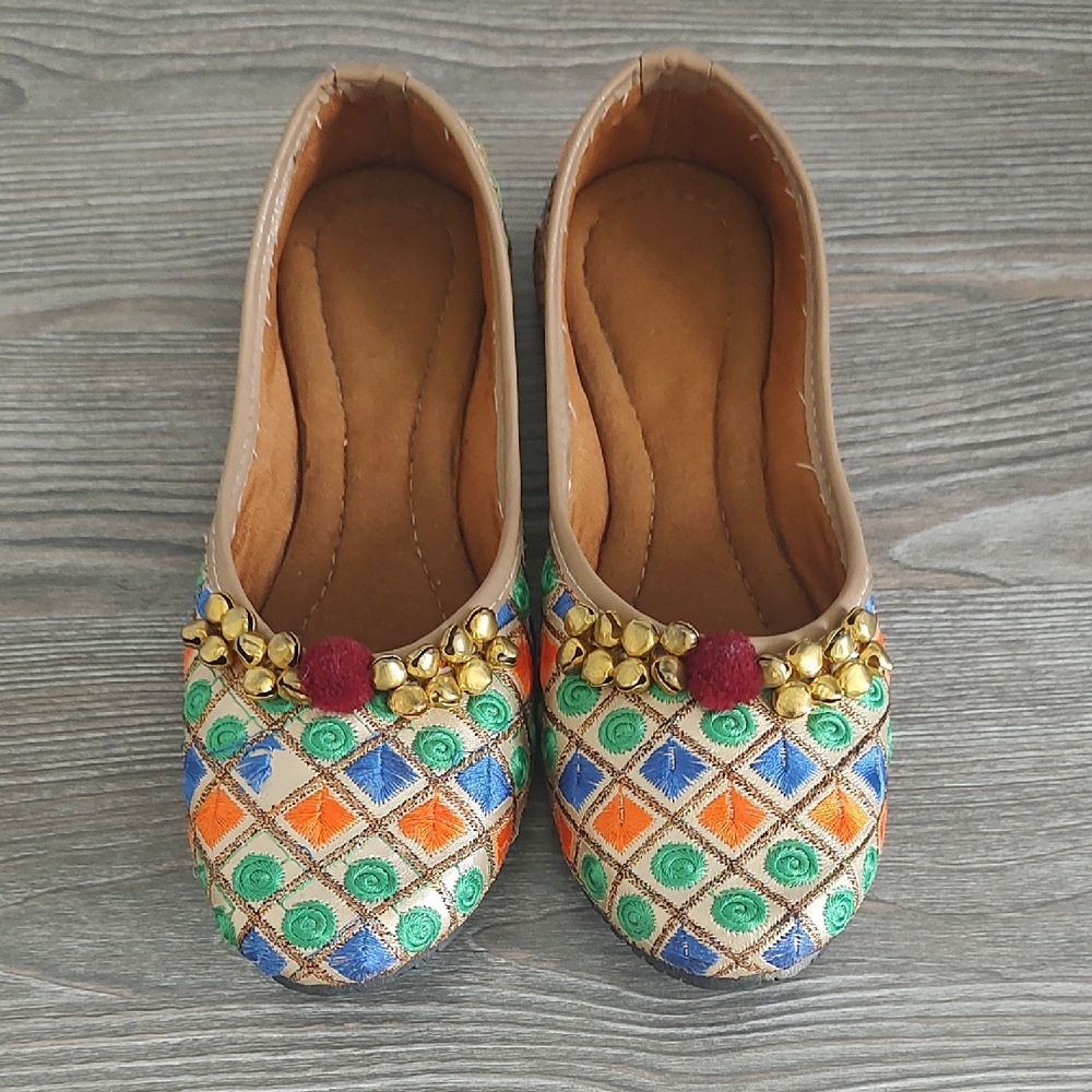 Girls Indian Punjabi Colorful Flat Shoes Bells On Vamp Size 2 Blue Gold Orange